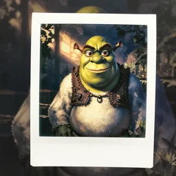 Polaroid of a picture of a digital art painting of shrek