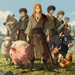 high intricate full shot of a anthropomorphic male druid in a tattered robe, pig, sheep, wolf, bull, chicken, covered in blood, maria panfilova, andrea savchenko, mike kime, ludovic plouffe, qi sheng luo, oliver cook, makoto shinkai, trending on artstation