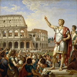 an awe - inspiring raphael lacoste and noah bradley landscape painting of a roman emperor orating to a massive crowd atop a massive podium in side the colliseum