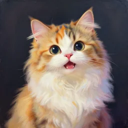 An adorable fantasy painting of a cute and happy long-hair calico cat with colorful fur, by greg rutkowski and thomas kinkade, trending on artstation