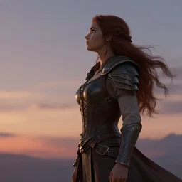 fantasy heroine detailed looking heroically at the sky at dusk, profile, in the style of Milica Čeliković and James Daly, artstation, digital art, full figure