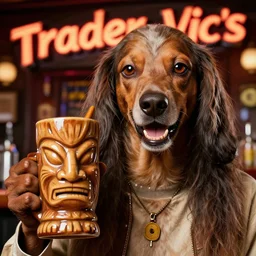 a closeup photorealistic photograph of happy snoop dogg at trader vic's bar holding a tiki mug that features the face of snoop dogg. brightly lit scene. this 4 k hd image is trending on artstation, featured on behance, well - rendered, extra crisp, features intricate detail, epic composition and the style of unreal engine.
