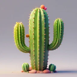 stylish colourful caricature - 3 d vfx art - of a cactus plant, art style by james jean & hsiao - ron cheng, character concept art, unreal engine render, digital illustration, sharp, intricate detail, volumetric light, ray tracing, soft light, claymation style, symmetric, acrylic on canvas, pinterest, artstation, behance,