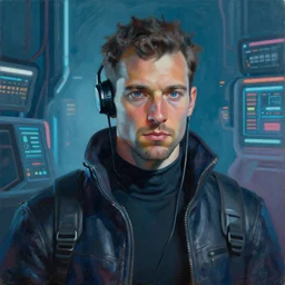 painting by donato giancola, portrait of a cyberpunk technician engineer