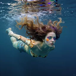 a woman swimming underwater by Ivan Aivazovsky and Odilon Redon, skin flaking off like burnt paper, different colored multicolored eyes, long flowing hair underwater, imagination cosmic dream, dreamy, 8k bokeh, award winning , trending on artstation,