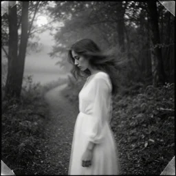 a double exposure of a beautiful side view portrait from above of a mystical young woman looking down, apparition, transparent, ghostly, white dress, motion blur, shaking head, with a landscape photo of a misty night forest, muted tones, forest trail, lake, dappled moonlight, black and white damaged photo
