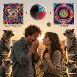 a sobbing man and a happy women, furry creatures, highly detailed, cinematic, infographic for imaginary animals, golden hour, backlit by an alien planet, sharp focus, psychedelic LSD manga, abstract oil painting by Raqib Shaw and joseph albers, MC Escher illustration, 8k,by Stanley Artgermm,Tom Bagshaw,Greg Rutkowski,Carne Griffiths, Ayami Kojima, Beksinski, Giger,trending on DeviantArt,hyper detailed,horror, full of colour, golden hour