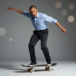 Former President Barack Obama on a skateboard, studio photo, bokeh, 90mm, f/1.4