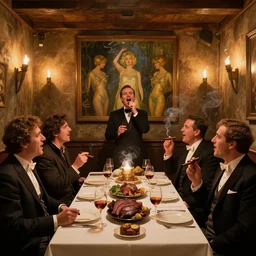 gentlemens dinner, singing, roaring twenties, cellar, masterpiece, torches on wall, meat, wine, schnapps, smoking cigars, scantily clad blondes, oil painting by anders zorn and carl larsson, art nouveau
