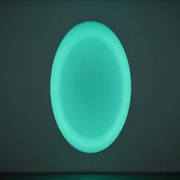 a perfect oval shape emitting teal colored light centered in a wall by james turrell. hyperrealism. hdr. 4 k.