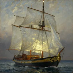 oil painting of boat with translucent sail, backlit ship, details, decorative, art by anders zorn, wonderful masterpiece by greg rutkowski, beautiful cinematic light, american romanticism by greg manchess, creation by tyler edlin