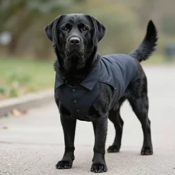 Photo of a black Labrador in a swivel suit