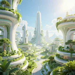 A utopian futuristic city with green plants and flowing white buildings, brightly lit by the sun, beautiful lighting, highly detailed digital art, trending on Artstation