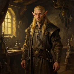 the elder scrolls vi majestic gracious high elf merchant portrait, indoors rustic clothing shop, painted, dark room, one point of light coming through the window, atmospheric lighting, painted, intricate, volumetric lighting, beautiful, golden hour, sharp focus, ultra detailed, by leesha hannigan, ross tran, thierry doizon, kai carpenter, ignacio fernandez rios