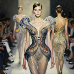 an intricate realistic oil painting of a fashion model resembling lily cole, wearing avant garde fashion, clothing by alexander mcqueen, clothing by iris van herpen, headspace, runway, by tom bagshaw, by karol bak, emil melmoth, by greg rutkowski, by mucha