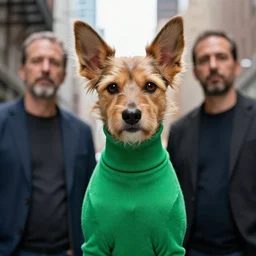 fuzzy ears dog assassin portrait donning a green versace turtleneck standing in new york image ian finlay hamilton alejandro burdisio shahab alizadeh john bauer realism