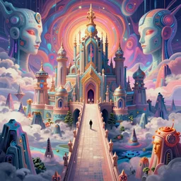 a bridge to a sprawling miniature cybernetic temple, surrounded by fractal mountains, volumetric clouds, cybernetic faces, vaporwave aesthetic, colorful, psychedelic, digital painting, artstation, concept art, smooth, sharp focus, illustration, art by artgerm and greg rutkowski and alphonse mucha