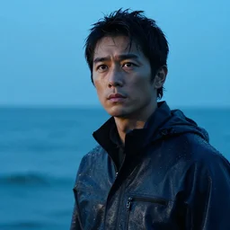 a close up photographic portrait of a handsome japanese man stands in the ocean wearing wet weather gear looking worried taken by annie leibowitz. cinematic lighting, blue background colour, 5 0 mm, subsurface scatter, bladerunner sci fi.