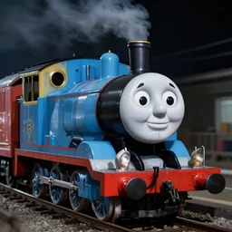 a psychologically scary thomas the train, photo shot during bright night, realism, horror, extremely detailed