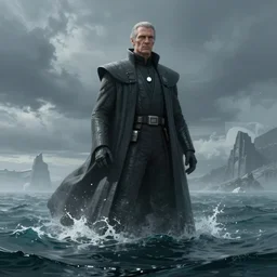 star wars concept art by greg rutkowski, a palatial and imposing grey tall man in dark clothes godemerging from the sea in the middle of a ocean landscape, enigmatic atmosphere, beautiful and cinematic lighting, artstation hq.