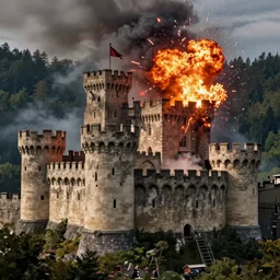 A photograph of castle with flag with an explosion on another castle, thick forest bg, 8k, high-resolution, detailed, dramatic, fire, cinematic shot