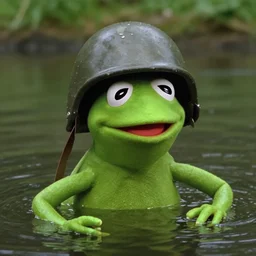 color still from apocalypse now film, close up of kermit the frog in river, wearing army helmet, by vittorio storaro, cinematic shot