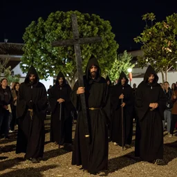 A Holy Week procession of grim reapers in a lush Spanish landscape at night. A hooded figure at the front holds a cross. El Greco.