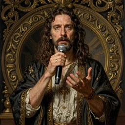 a cinematic portrait of eric andre performing a sacred occult ritual of monologue in the style of gustave dore, detailed, clear, crisp, deep focus, ornate,