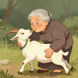 an illustration of an old woman literally swallowing a whole goat