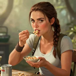 lara croft eating from a can of beans, digital illustration, in the style of greg rutkowski, amazing detail, epic