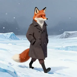 an anthropomorphic fox man wearing a long coat walking across a glacier, hands in pockets, blizzard, character illustration by aaron miller, greg rutkowski, thomas kinkade, howard pyle, disney, el greco, cynthia sheppard
