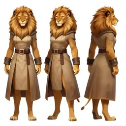 beautiful full body character reference sheet with front, back and side profiles of a strong female anthropomorphic lioness fursona wearing a fantasy long coat with belts, zippers, chains, straps, and pouches. character design by disney, anime, manga, charlie bowater, ross tran, artgerm, and makoto shinkai, detailed, soft lighting, rendered in octane