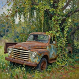 impressionist painting of an old rusty pickup truck overrun by very thick kudzu