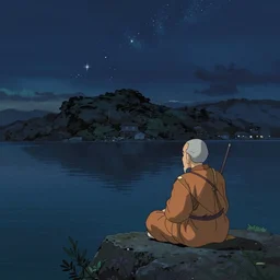 a very dull wide shot still from ponyo ( 2 0 0 8 ) of matsushima bay on a starry night. an old monk is nearby. perfect art, grimdark, trending on pixiv fanbox, painted by studio ghibli
