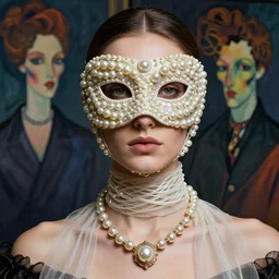 a beautiful futuristic portrait covered by mask made of wires and pearl, necklace made by and wires gauzes twisted around neck, design by leonardo davinci, inspired by egon schiele, gucci, modern art, baroque art jewelry, new classic, fashion design, photorealistic, hyper realistic, cinematic composition, cinematic lighting, fashion design, concept art, hdri, 4 k -