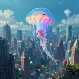 A Jellyfish city rendered by Beeple, Makoto Shinkai, syd meade, simon stålenhag, environment concept, digital art, unreal engine, WLOP, trending on artstation, low level, 4K UHD image, octane render,