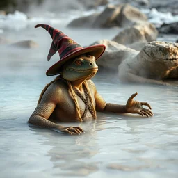 photograph of a wizard lizard man in a steamy hotspring at yellowstone national park