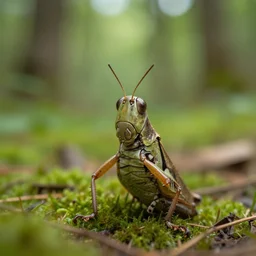 anthropomorphic grasshopper standing upright, photograph captured in a forest