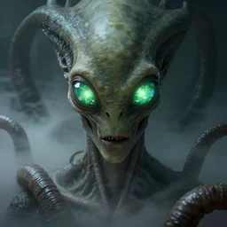 grotesque alien with long forehead. green semitransparant cloudy glowing faceted eyes. high quality photorealistic 4 k, hyperrealism, volumetric fog, serious, dark, fear, concept art of h. r. giger, symmetric, horror, gigantic kaiju looking down worms - eye - view
