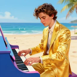 :very detailed:masterpiece:digital:Timothee Chalamet:golden suit:featured in artstation+digitally painted by WLOP:yellow+blue+pink:⭐:beach+sunny day:playing piano+colorful piano-H 900