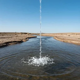 overhead shot of water dripping up from a river into the blue sunny sky, desolate land, hyper detailed photorealistic