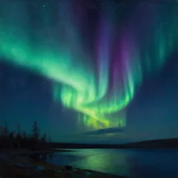 a painting of the aurora borealis in the night sky, an oil on canvas painting by Nína Tryggvadóttir, deviantart, metaphysical painting, bioluminescence, nightscape, sense of awe