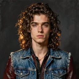 in the style of Joshua Middleton art, beautiful young punk rock man, long curly brown hair, denim vest over leather jacket, symmetrical face, concept art, painting