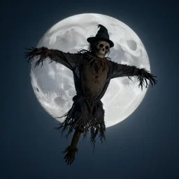 Sinister scarecrow flying under the moon, photo realistic