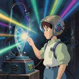 a dream machine connected to a boy with a helmet and electric cable with colorfull rays of light illuminate the environment by vanessa morales, studio ghibli,