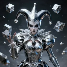 front shot of a court jester character mesmerizing fractal hyper cubes platinum cracked dark future hyperdimensional galactic cryst edges poly elegant detailed concept artstation sharp focus ray tracing cinematic masterpiece fine portrait