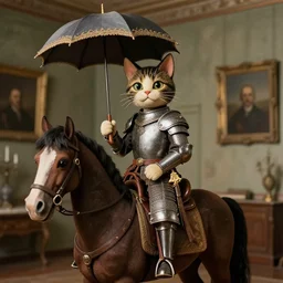 portrait of a proud and fashionable antique cat puppet on a horse wearing armor and holding an umbrella, in the twin peaks room, by max ernst and alfred pellan