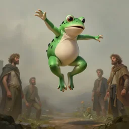 a man in a frog suit jumping high in the air, diffuse lighting, fantasy, highly detailed, photorealistic, digital painting, artstation, illustration, concept art, smooth, sharp focus, art by john collier and albert aublet and krenz cushart and artem demura and alphonse mucha