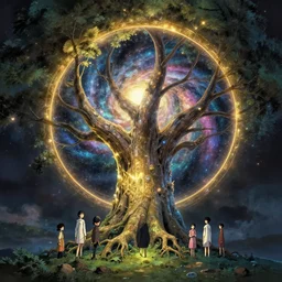 a giant glimmering tree with a big trunk that forms a round portal to otherworldly galaxies, high intricate details, rule of thirds, golden ratio, cinematic light, 8 k, octane render, anime style, graphic novel by fiona staples and dustin nguyen, art by beaststars and orange, peter elson, alan bean, studio ghibli, makoto shinkai