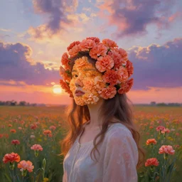 head made of carnations flower, girl standing in a flower field, surreal photography, sunrise dramatic light, impressionist painting, colorful clouds, digital painting, artstation, simon stalenhag, flower face
